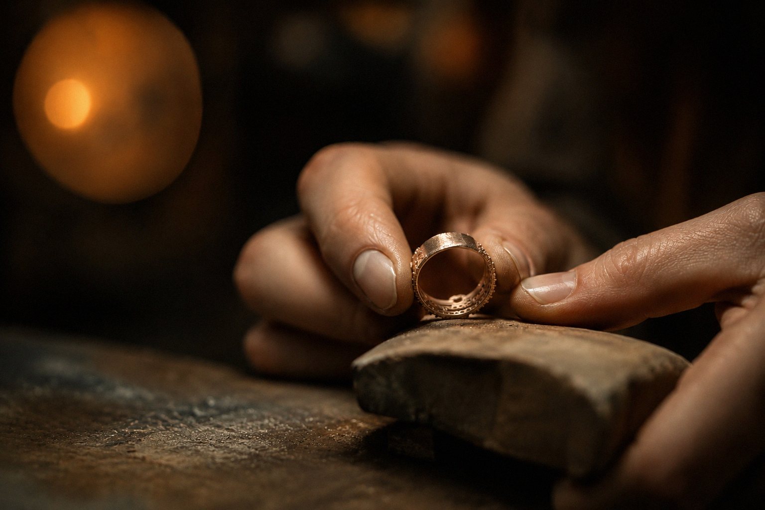 Anillo de oro trabajado a mano sobre el yunque del taller