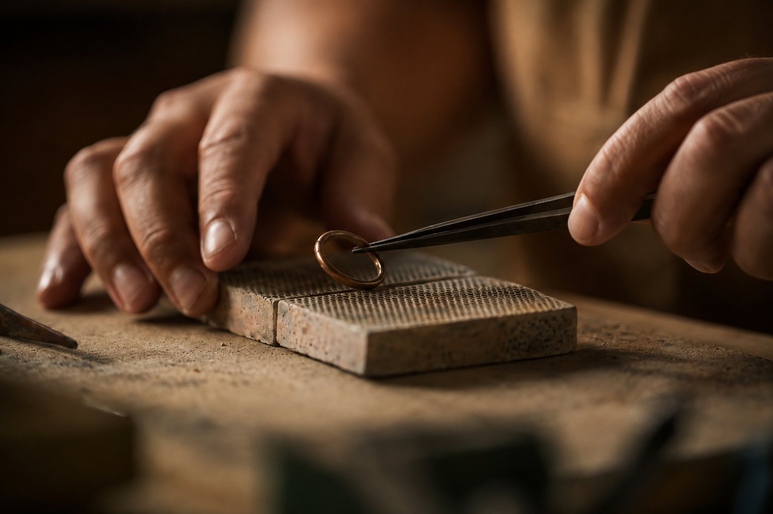 Maestro joyero soldando un anillo de oro en nuestro taller de Barcelona